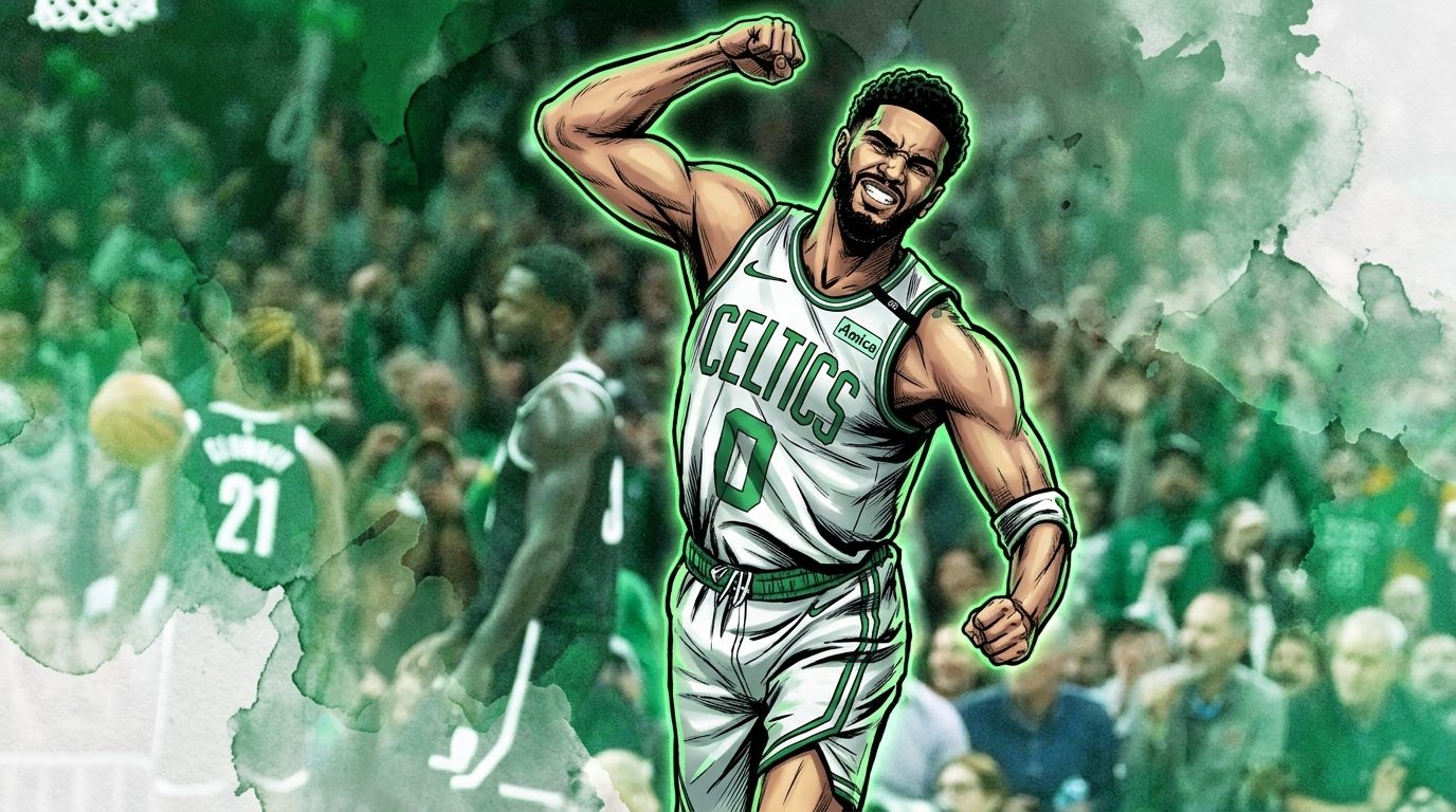 Comic-style illustration of Jayson Tatum flexing in a white Boston Celtics #0 jersey, green ink-wash watercolor effect bleeding through a blurred TD Garden crowd background