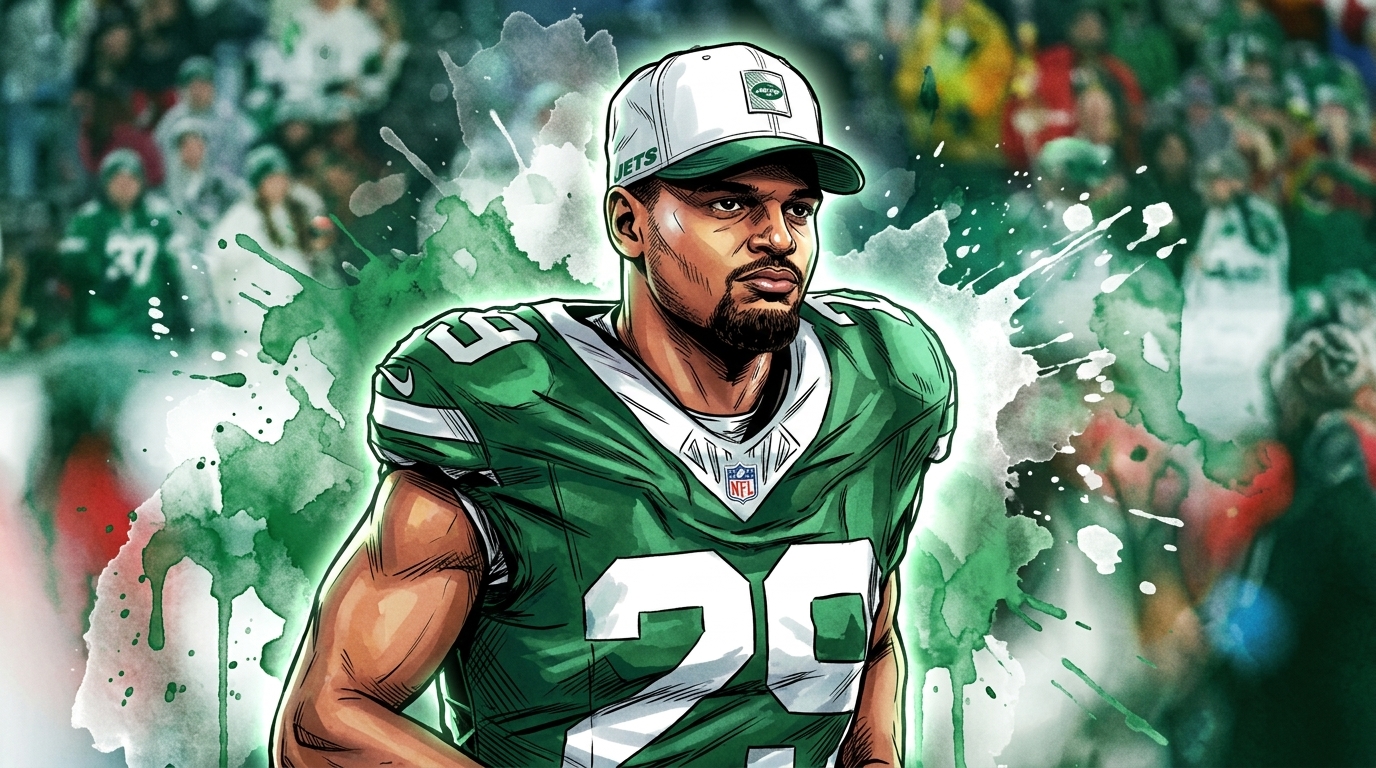 Comic ink-wash illustration of Minkah Fitzpatrick in a green Jets jersey and white cap, green paint-splatter effects and a blurred stadium crowd background