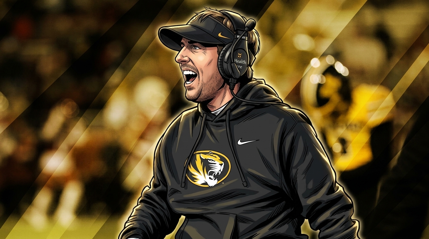 Comic-style illustration of Missouri Tigers head coach Eliah Drinkwitz shouting from the sideline in a black Nike hoodie, with gold geometric light streaks across a stadium night-game background.