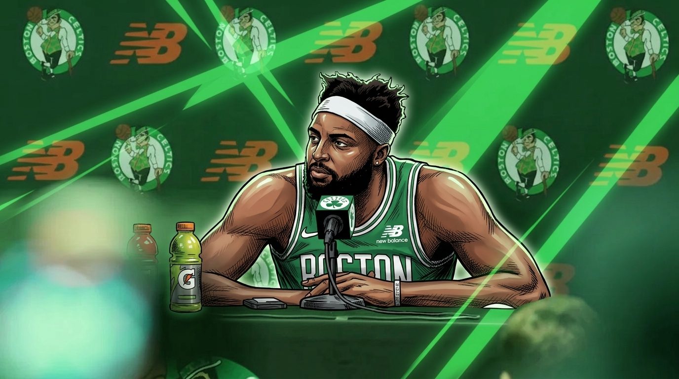 Comic-style illustration of Mitchell Robinson in a green Boston Celtics #4 jersey at a press-conference podium, green geometric light-streak effect over a Celtics and New Balance step-and-repeat backdrop