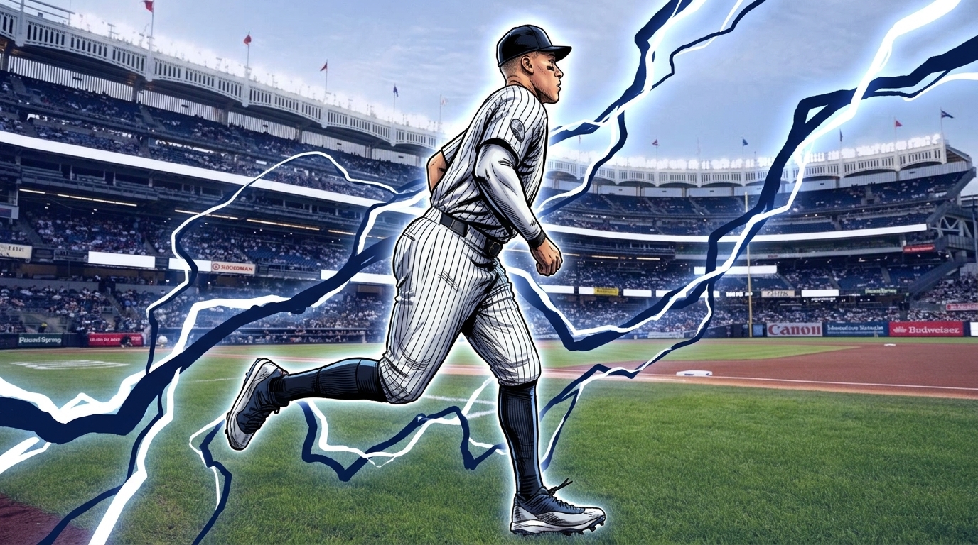 Comic-book illustration of Aaron Judge running onto the field in Yankees pinstripes at Yankee Stadium, navy electric-energy lightning effect over the stadium background