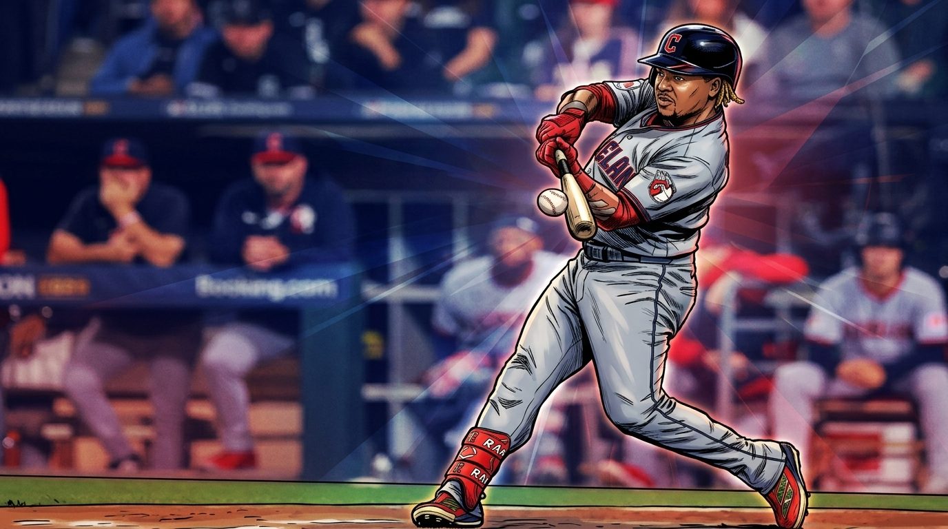 Comic-style illustration of Jose Ramirez in Cleveland Guardians gray road jersey mid-swing, geometric light streaks effect in navy and red over a blurred dugout background — editorial image for MLB salary cap coverage.