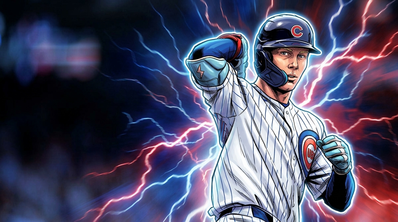 Comic-style illustration of Chicago Cubs outfielder Pete Crow-Armstrong in his home pinstripe uniform, fist raised, with blue and red lightning bolts radiating behind him