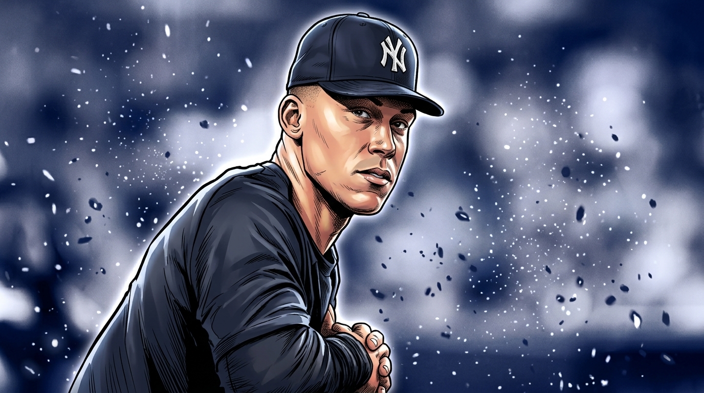 Comic-style illustration of New York Yankees slugger Aaron Judge in a navy dugout pullover and cap, particle-field effect over a blurred Yankee Stadium crowd backdrop