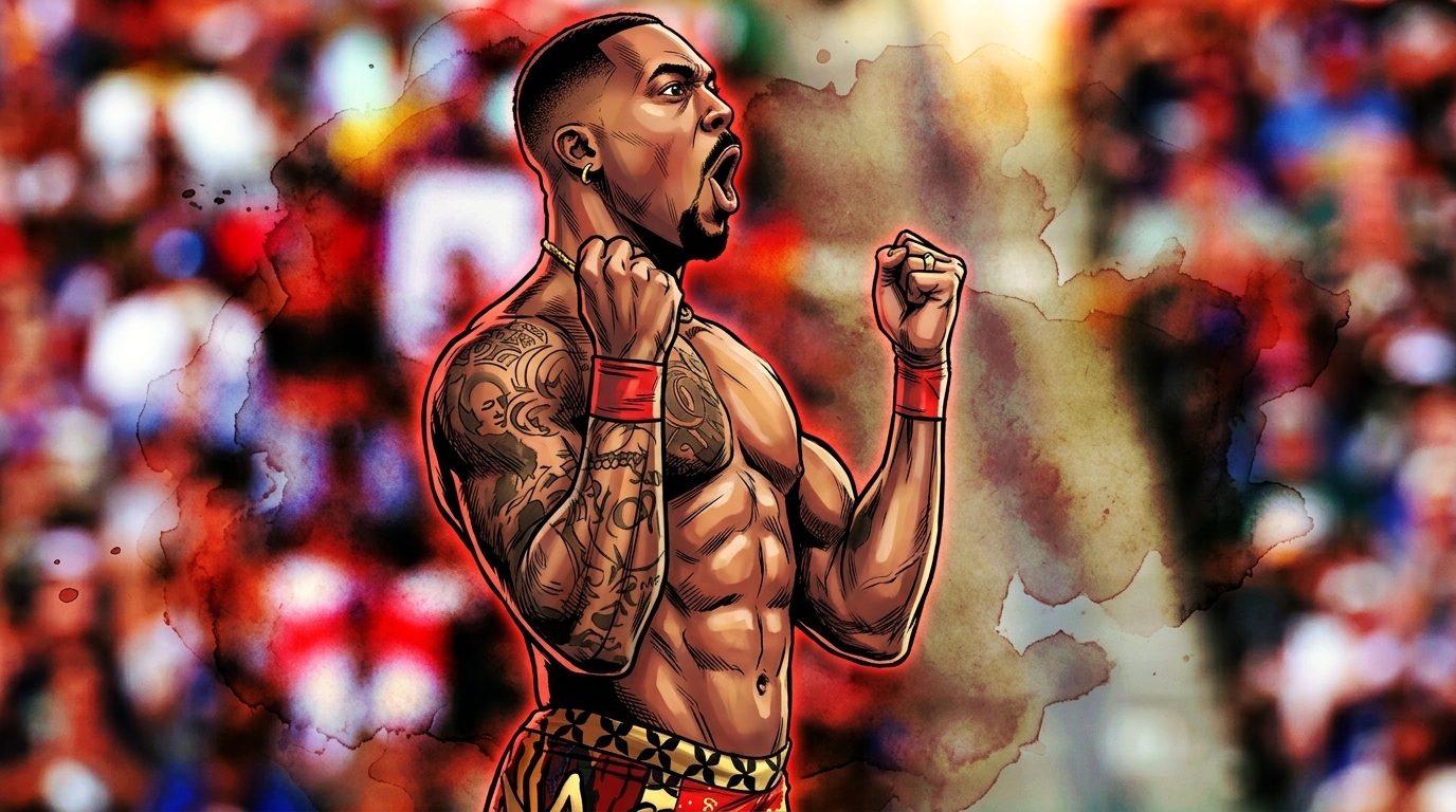 Comic-style illustration of Montez Ford pumping his fists and shouting, tattooed arms raised, in front of a blurred red-and-gold stadium crowd