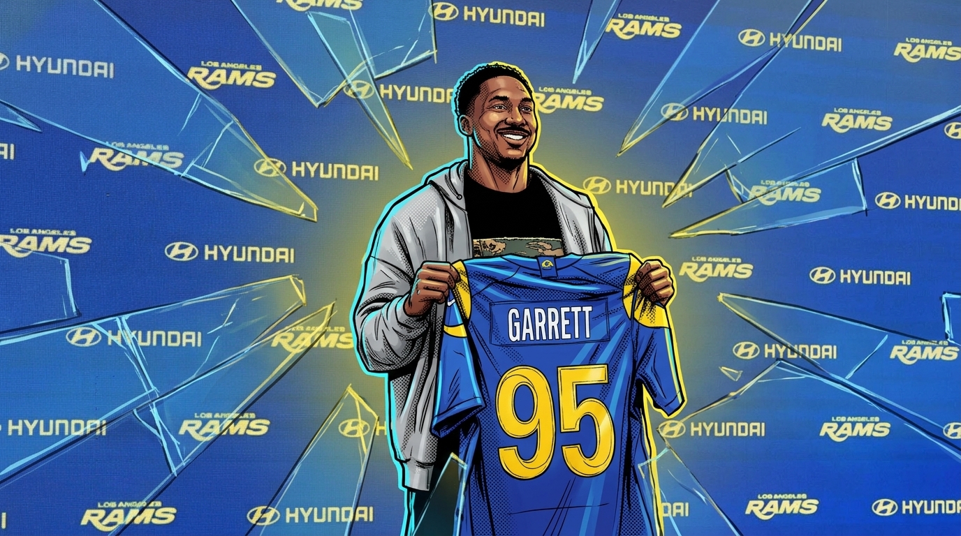 Comic-style illustration of Myles Garrett in a gray hoodie holding up his royal blue Rams No. 95 jersey, shattered glass effect in blue and yellow over a Rams/Hyundai step-and-repeat backdrop