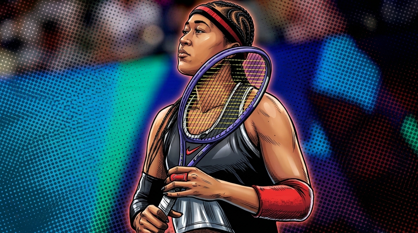 Naomi Osaka in her Allen Iverson tribute look, comic-style illustration — Swipe Sports
