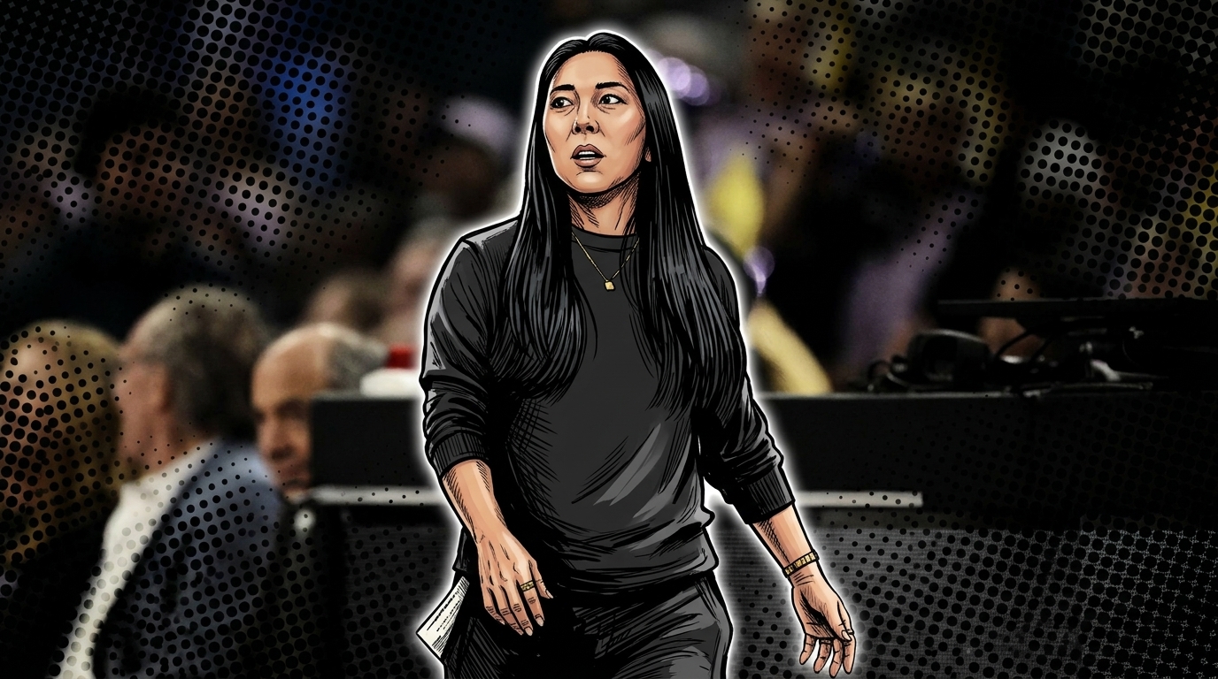 Natalie Nakase in comic book style, calm and alert on the sideline in a black top, halftone-dot arena crowd blurred behind her