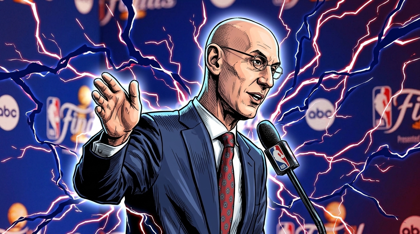 Comic-style illustration of NBA Commissioner Adam Silver speaking at a podium with electric energy effects and NBA Finals branding in the background