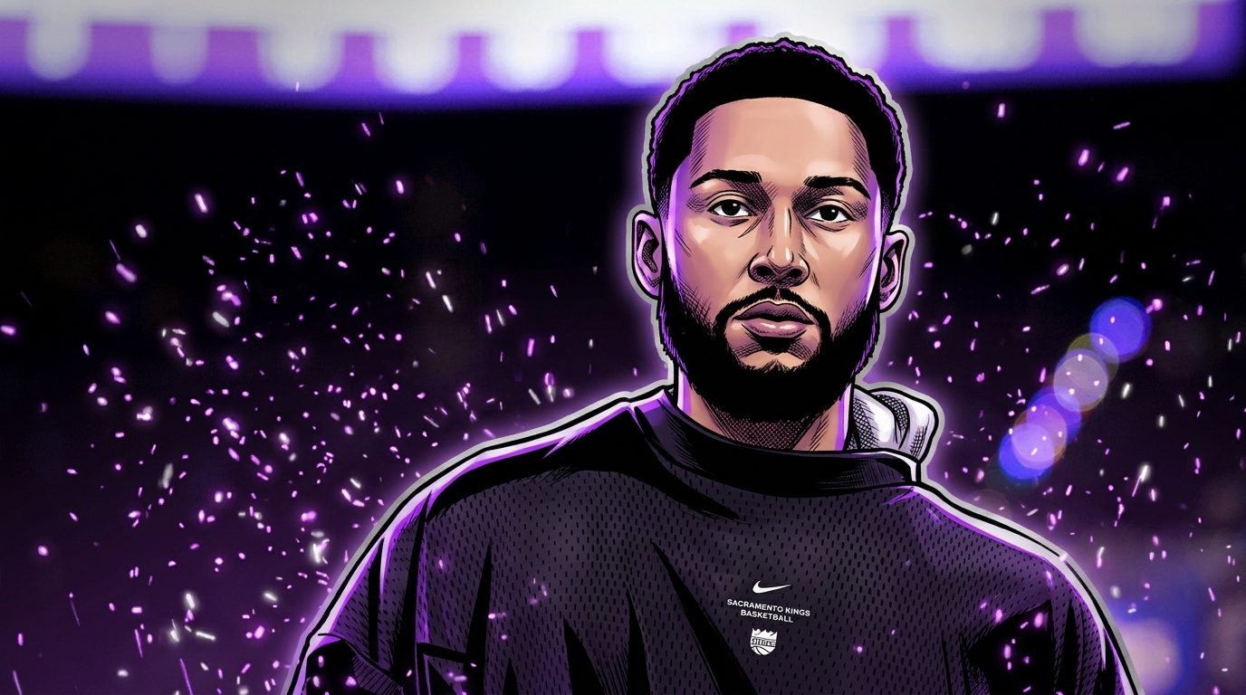 Comic-style illustration of Ben Simmons in a black Sacramento Kings warmup top, purple particle-field effect over a dark arena background