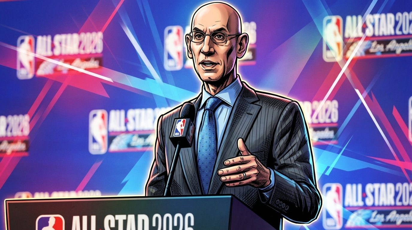 Comic-style illustration of NBA Commissioner Adam Silver speaking at a press podium with NBA All-Star 2026 branding, wearing a dark suit and tie, surrounded by a blue-pink geometric light streak effect