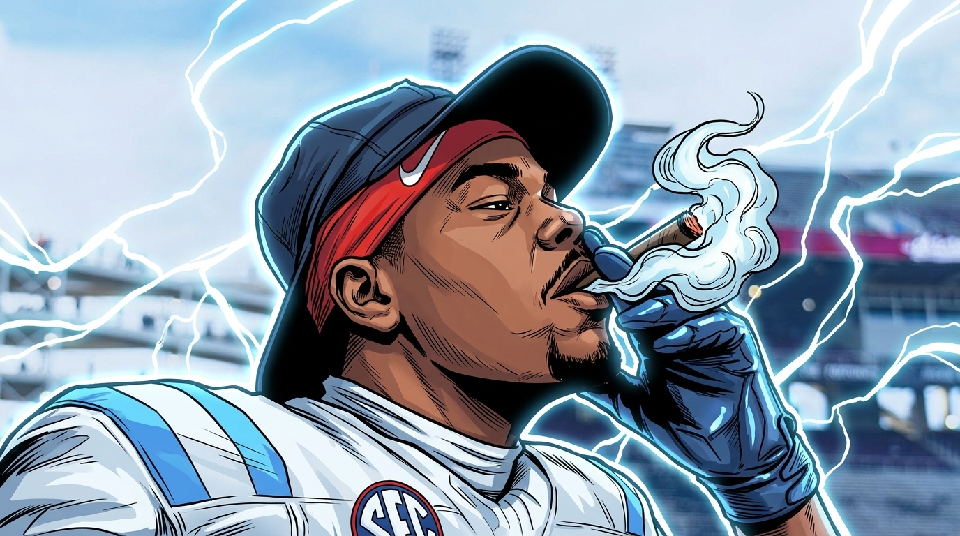 Comic-book style illustration of Zxavian Harris in an Ole Miss road jersey on the sideline, electric energy effect
