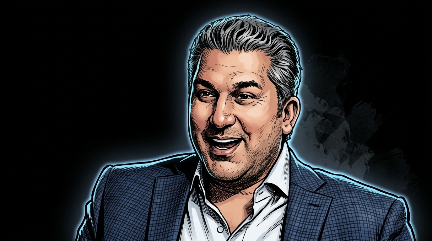 Comic-book illustration of WWE President Nick Khan in a navy checkered suit, neon rim glow effect over a dark backdrop