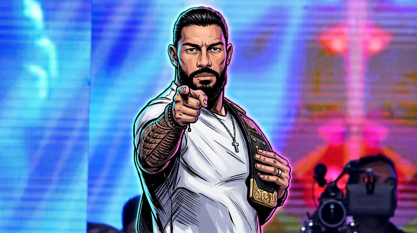 Roman Reigns pointing at the camera in comic book style with neon rim glow effect, white t-shirt and championship belt over his shoulder