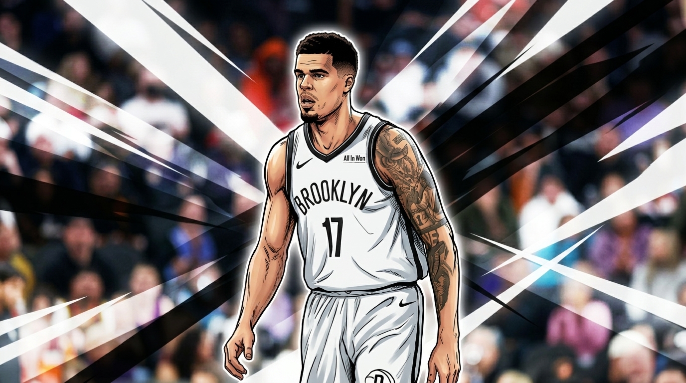 Comic-style illustration of Michael Porter Jr. in a white Brooklyn Nets No. 17 jersey with geometric light-streak effects and a blurred arena crowd in the background