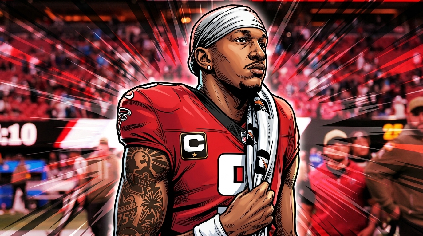 Comic-style illustration of an Atlanta Falcons quarterback in a red jersey with a black 'C' captain patch, shockwave lines radiating through a stylized stadium background