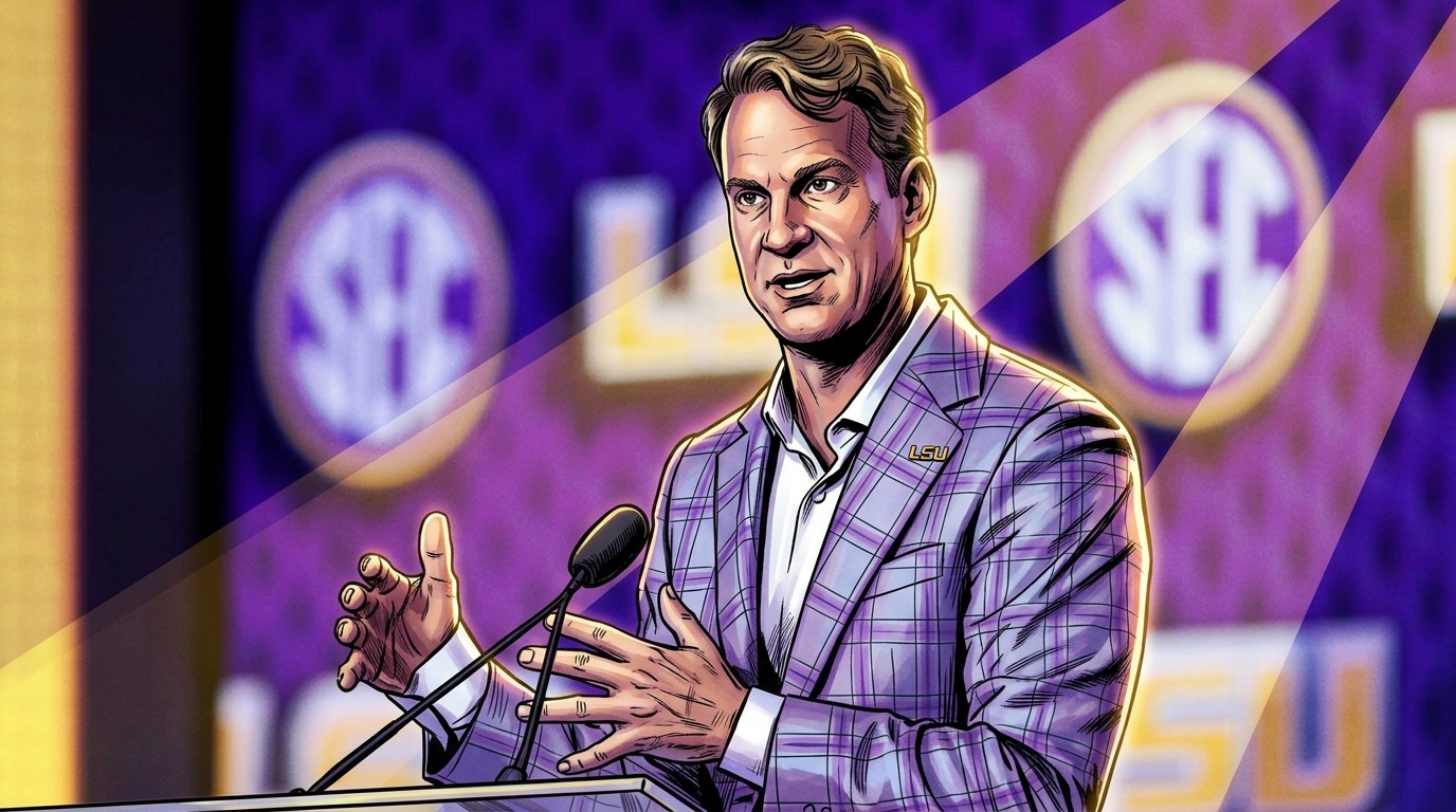 Comic-style illustration of LSU head coach Lane Kiffin gesturing at a podium in a purple plaid sport coat, with LSU and SEC logos and geometric light streak effects in the background