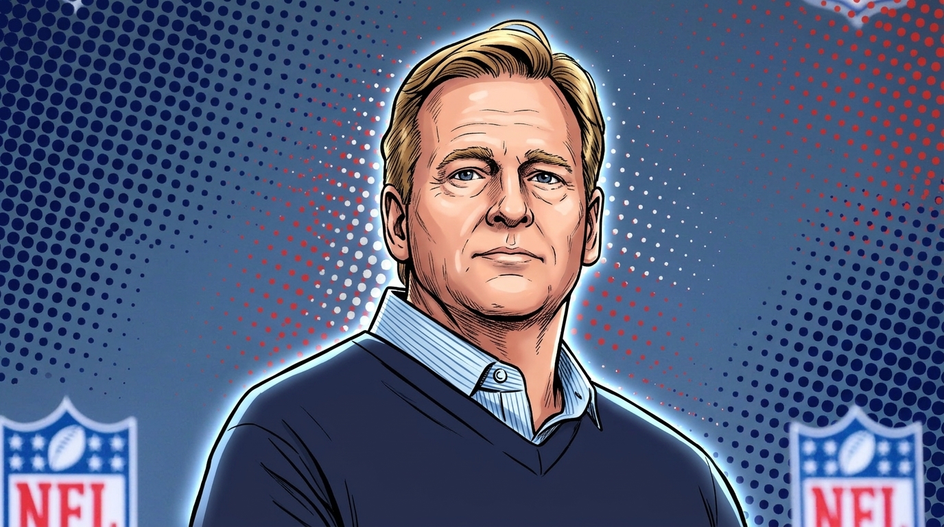 Comic-style illustration of NFL commissioner Roger Goodell in a navy v-neck sweater over a light blue striped dress shirt, halftone Ben-Day dot pattern, standing in front of an NFL shield step-and-repeat backdrop