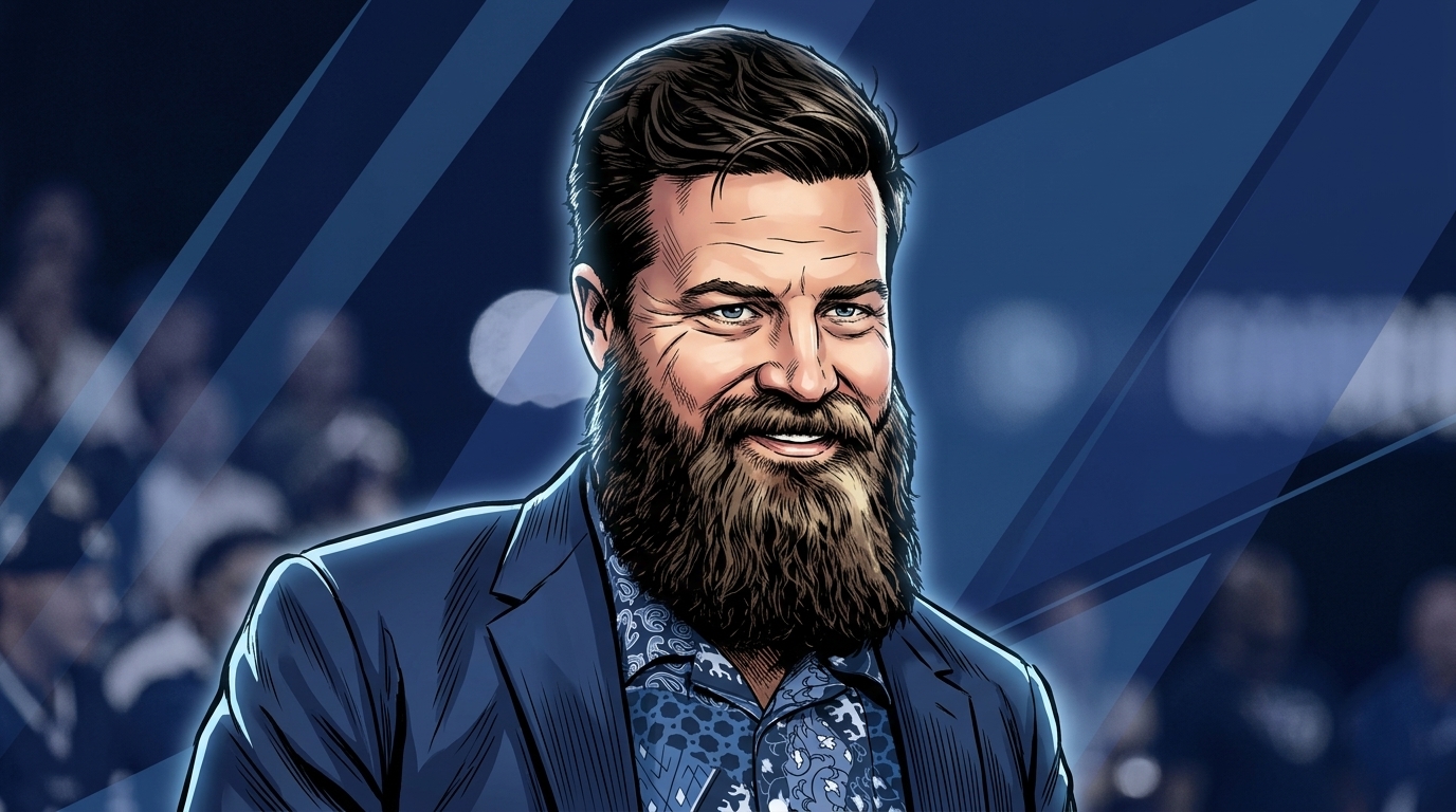 Comic-style illustration of Ryan Fitzpatrick in broadcast attire with navy geometric light streak effects