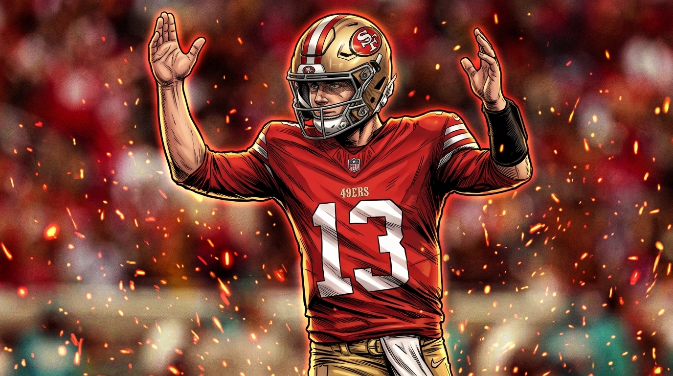 Comic-style illustration of Brock Purdy in a red and gold 49ers jersey and helmet, arms raised, glowing ember particles floating against a blurred stadium crowd background