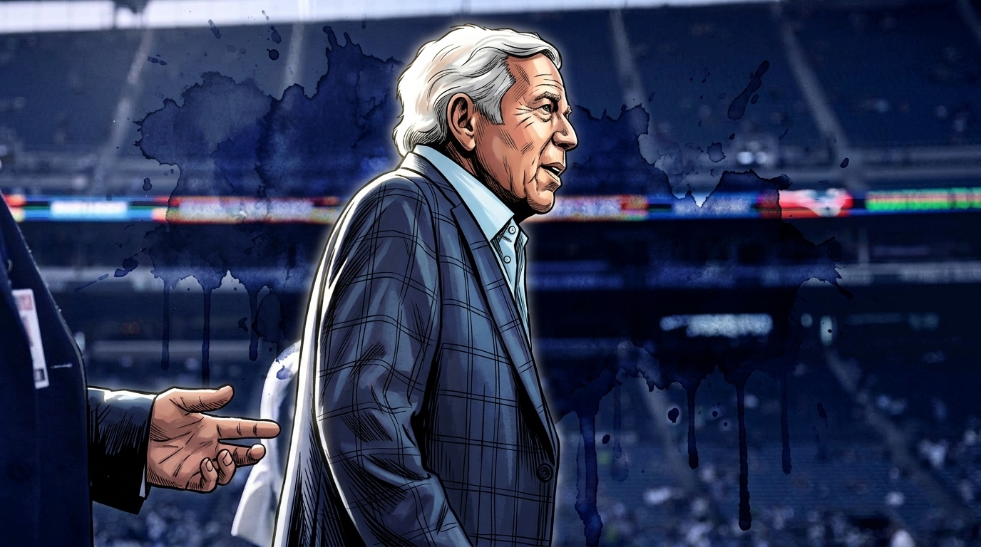 Comic-style illustration of Robert Kraft walking the sideline in a navy suit, rendered with an ink wash / watercolor bleed effect over a stadium background.