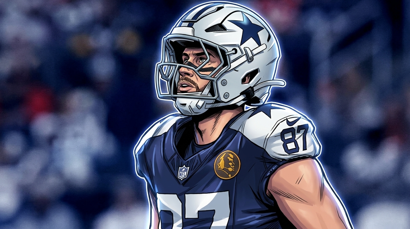 Comic-style illustration of Dallas Cowboys tight end Jake Ferguson in his navy #87 jersey with a neon rim glow effect