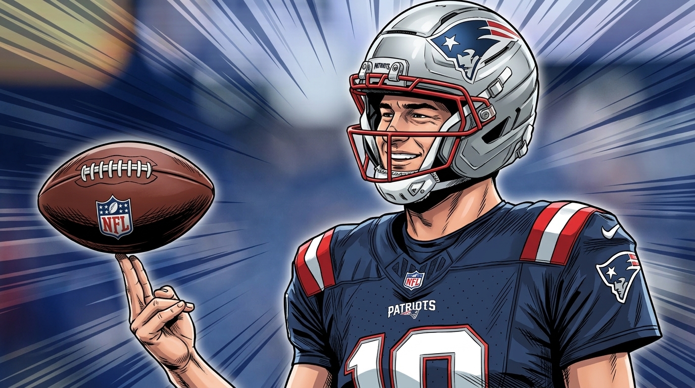 Comic-style illustration of Patriots quarterback Drake Maye in a navy home jersey spinning a football on his finger, blue motion-streak effect over a blurred stadium background