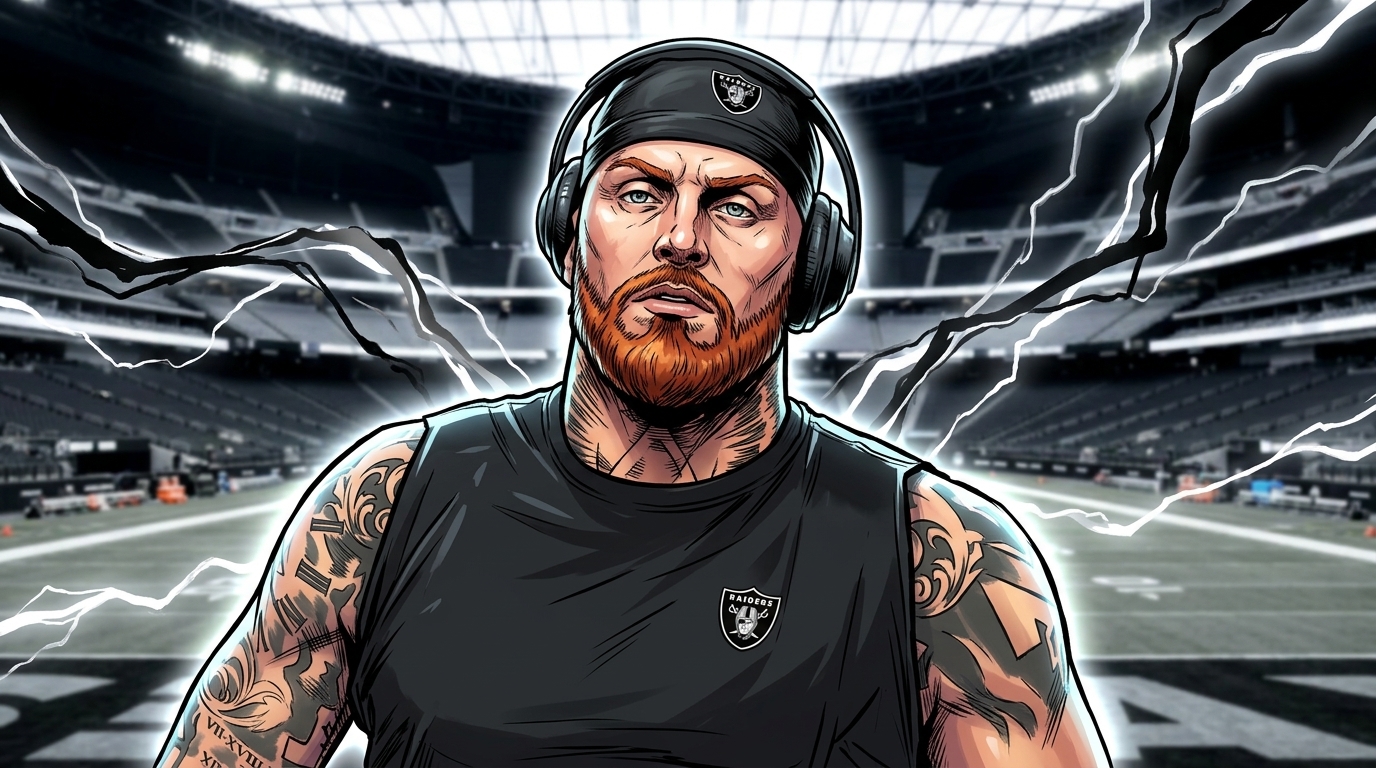Comic-style illustration of Raiders defensive end Maxx Crosby standing in an empty stadium with electric energy effects
