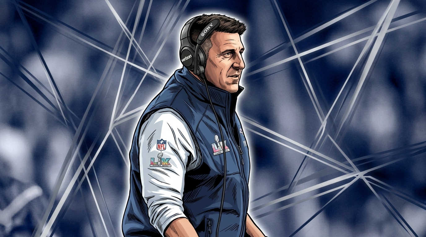 Comic-style illustration of Patriots head coach Mike Vrabel on the sideline