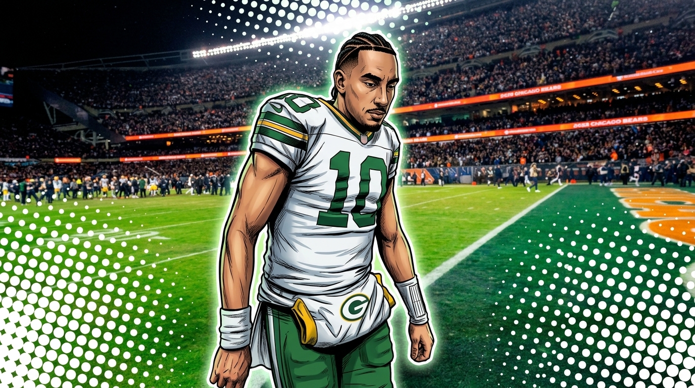 Comic-style illustration of Jordan Love in a white Green Bay Packers road jersey, classic halftone Ben-Day dots effect, blurred night stadium background