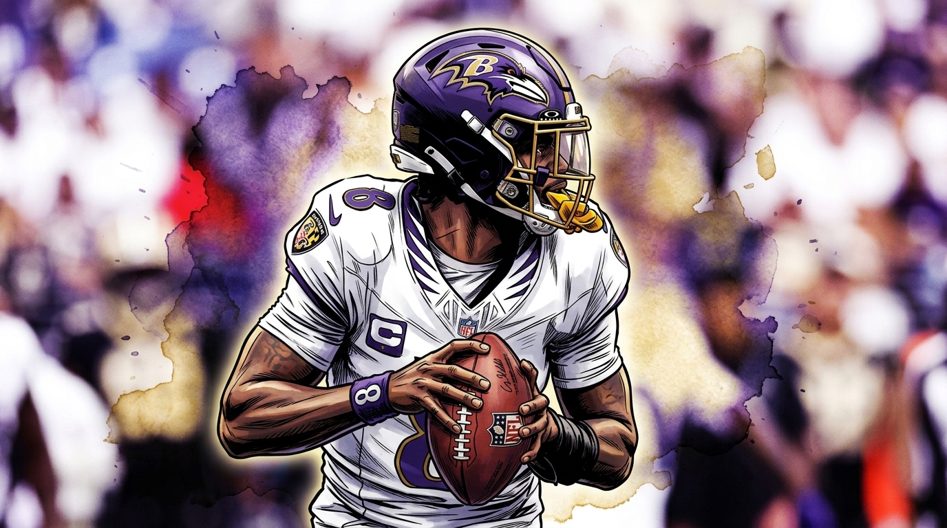 Comic-style illustration of Lamar Jackson in a white Baltimore Ravens No. 8 jersey clutching a football, ink wash and watercolor bleed effect over a blurred stadium crowd background.