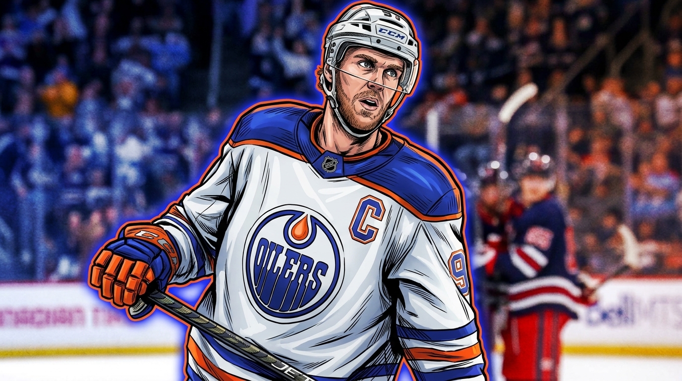 Comic-style illustration of Connor McDavid in his Edmonton Oilers white away jersey with the captain's C, neon rim glow effect, arena crowd background