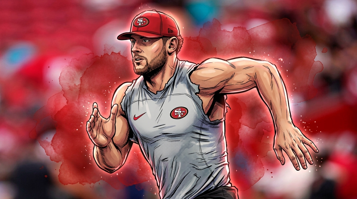 Comic-style illustration of Nick Bosa sprinting in a 49ers practice jersey with a red ink-wash effect