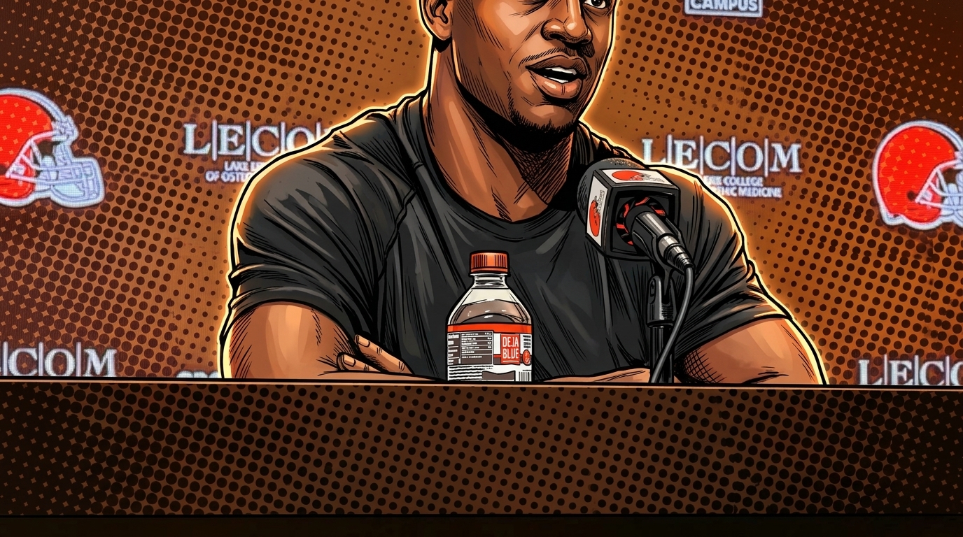 Nick Chubb in comic book illustration style, black Browns team-issue t-shirt, seated at a press conference podium with a halftone dot and brown-orange color wash effect over the LECOM-branded backdrop