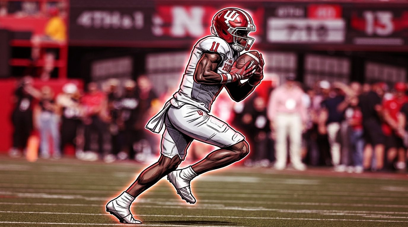 Comic-style illustration of Indiana Hoosiers receiver Nick Marsh in a white road jersey catching a pass, red neon rim glow effect, blurred Nebraska stadium background