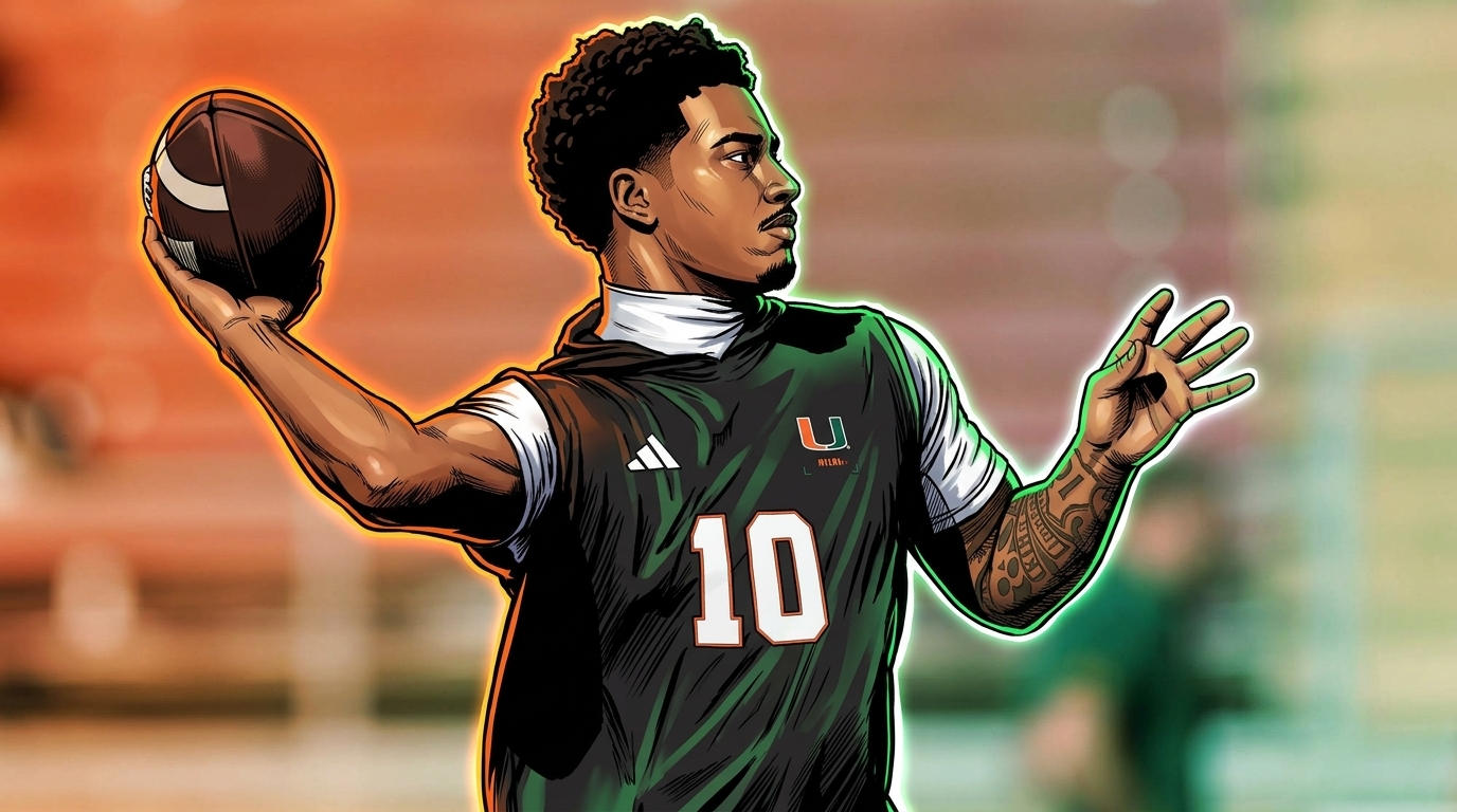 Comic-style illustration of Darian Mensah in a Miami Hurricanes jersey, neon rim-glow effect