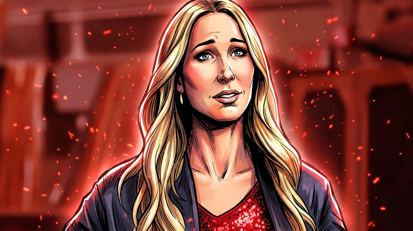Comic-style illustrated portrait of Nikki Glaser in a red sequined top and dark blazer, with a red particle-ember effect glowing behind her