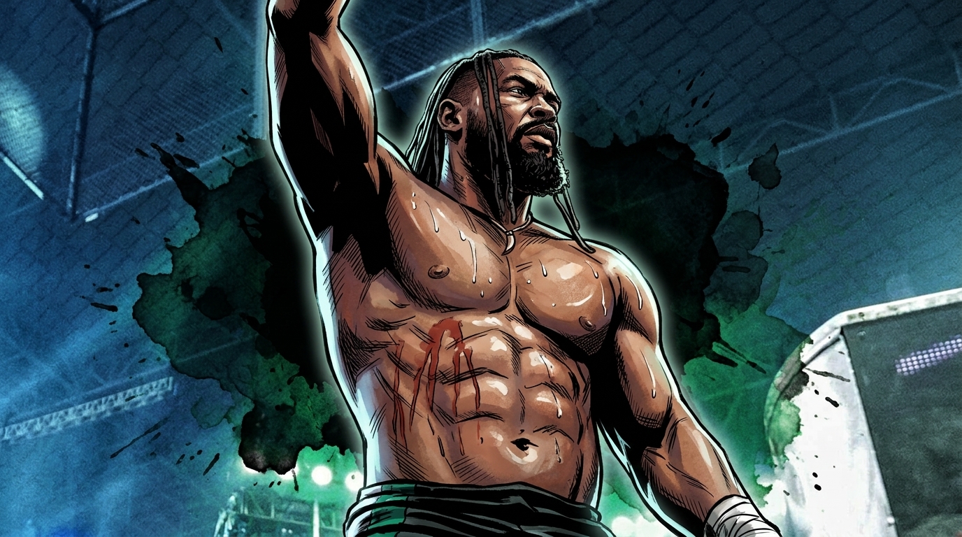 Comic-style illustration of Oba Femi raising his arm inside the Hell in a Cell structure after his SummerSlam win over Brock Lesnar