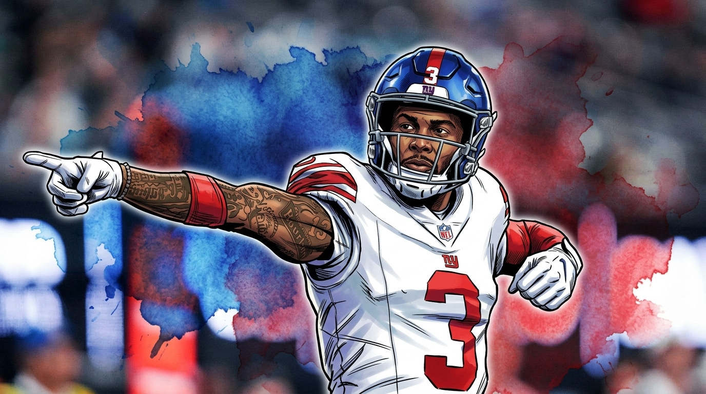 Comic-style illustration of Odell Beckham Jr. in a New York Giants white jersey pointing downfield, against a red-and-blue ink-wash stadium background