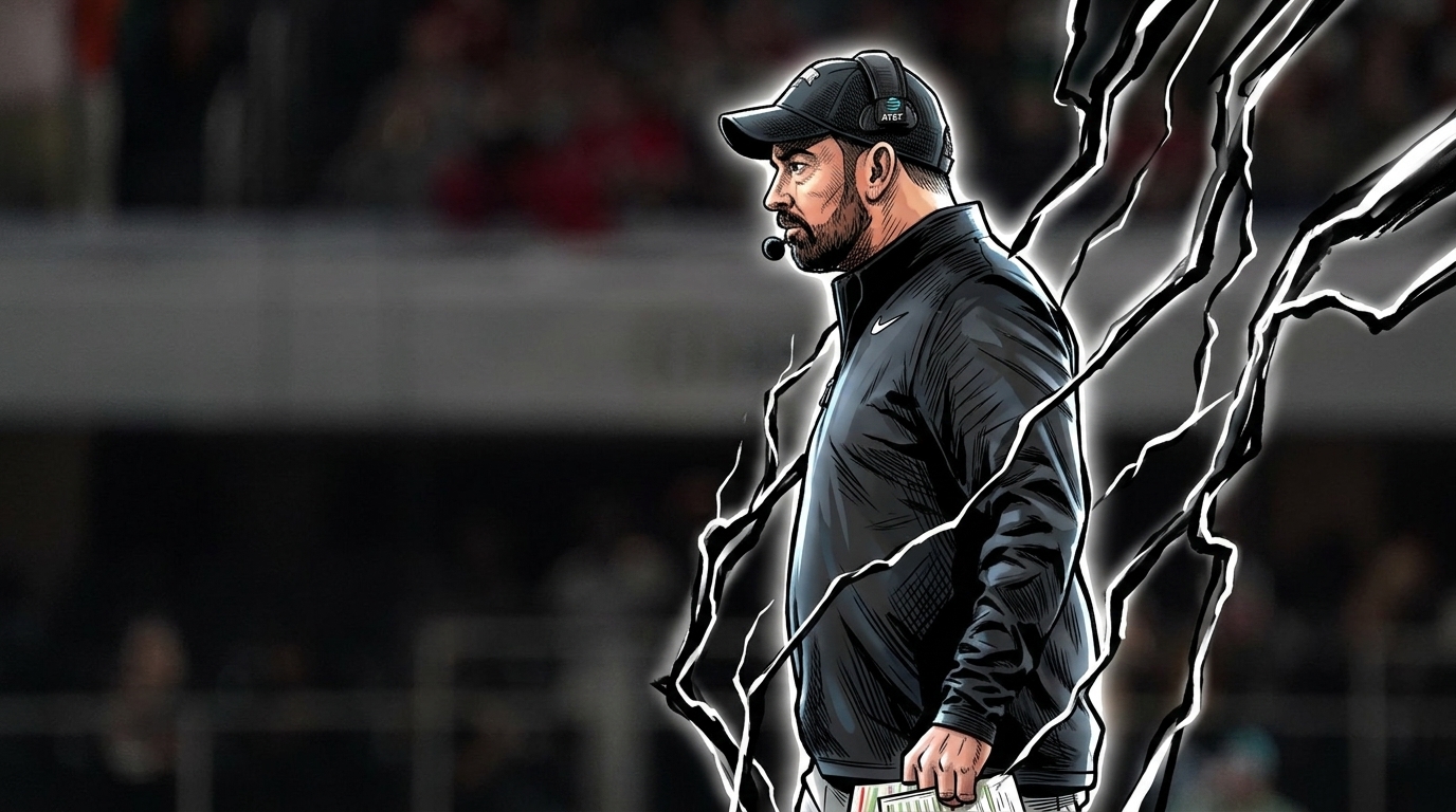 Comic-style illustration of Ohio State coach Ryan Day in a black quarter-zip and cap on the sideline, electric-energy lightning effect crackling around him against a blurred stadium crowd.