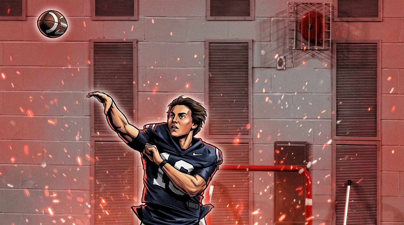 Comic-style illustration of an Ohio State quarterback mid-throw in a practice facility, tinted scarlet with a floating-embers particle effect