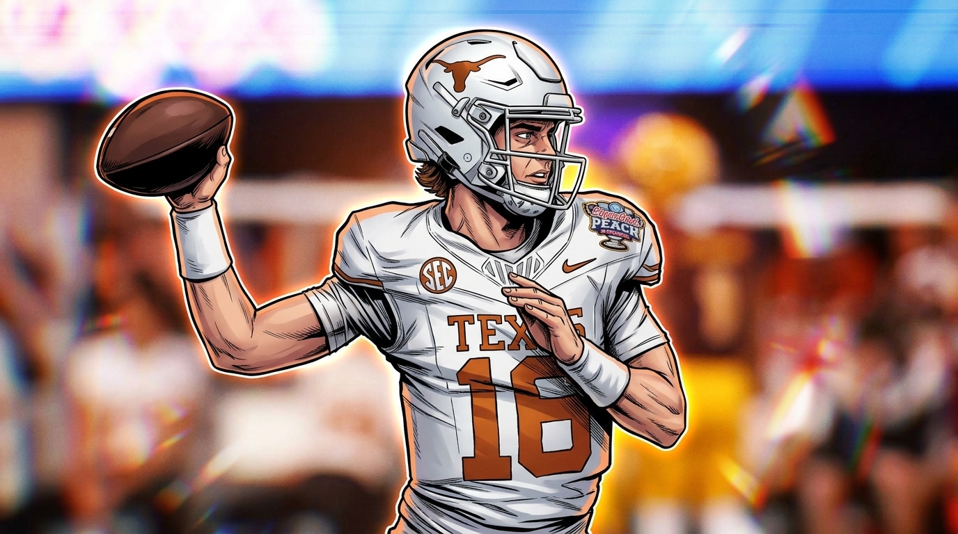 Comic-style illustration of Texas Longhorns quarterback Arch Manning throwing a pass in a white away jersey, chromatic dispersion light effect streaking through a stadium background
