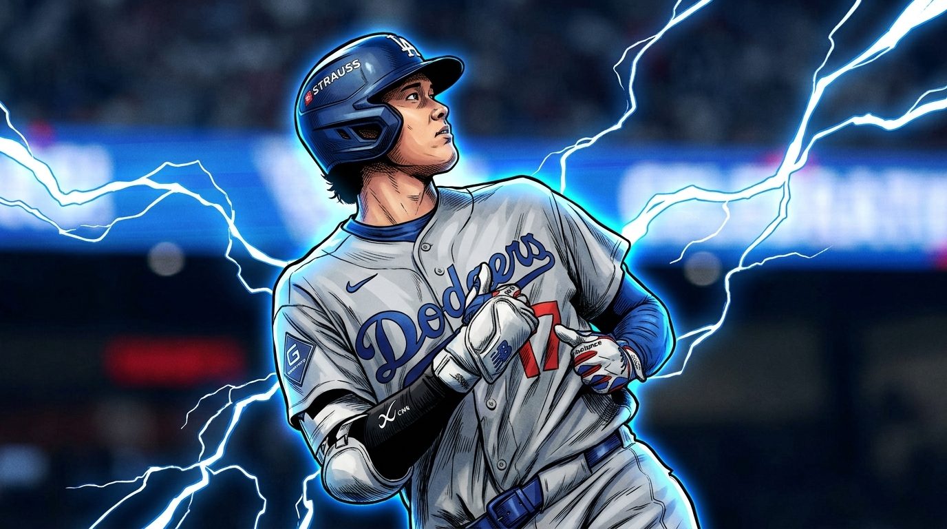 Comic-style illustration of Shohei Ohtani of the Los Angeles Dodgers at the plate in a grey road jersey, blue lightning effects surrounding him