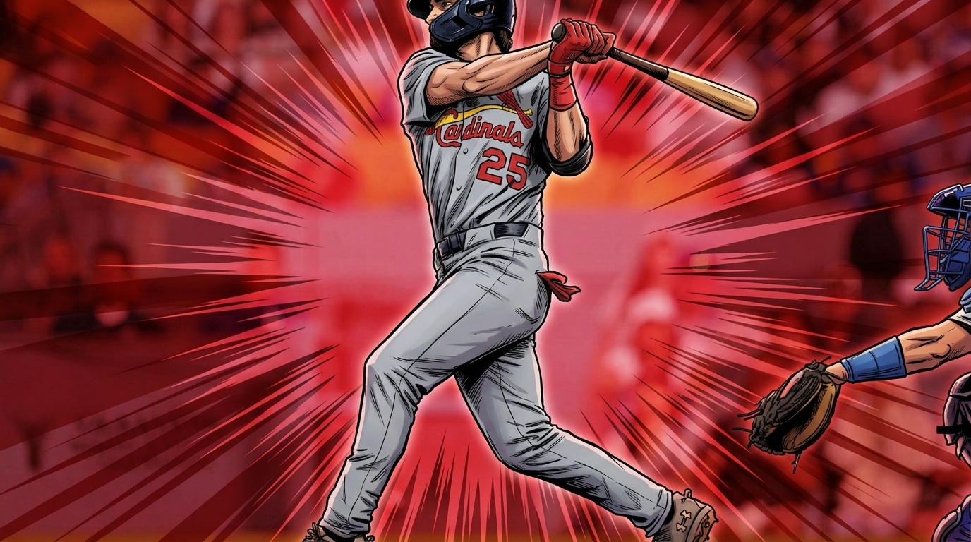Thomas Saggese mid-swing in a Cardinals road gray uniform, rendered in comic style with a red shockwave burst effect behind him