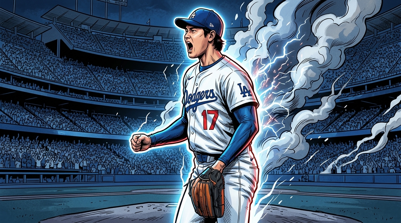 Comic-style illustration of Shohei Ohtani in a Dodgers uniform on the mound, surrounded by smoke and electric energy effects.