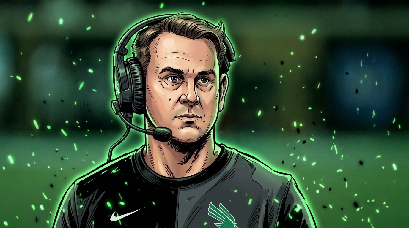 Comic-style ink-illustration of Oklahoma State head coach Eric Morris wearing a black and gray pullover with a green logo and headset, green particle-effect embers glowing in the stadium background