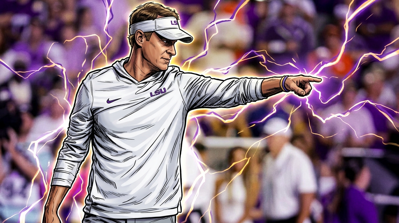 Comic-style illustration of Lane Kiffin pointing while wearing a white LSU hoodie with purple Nike and LSU wordmarks, purple and gold electric-energy lightning radiating through a blurred stadium crowd background