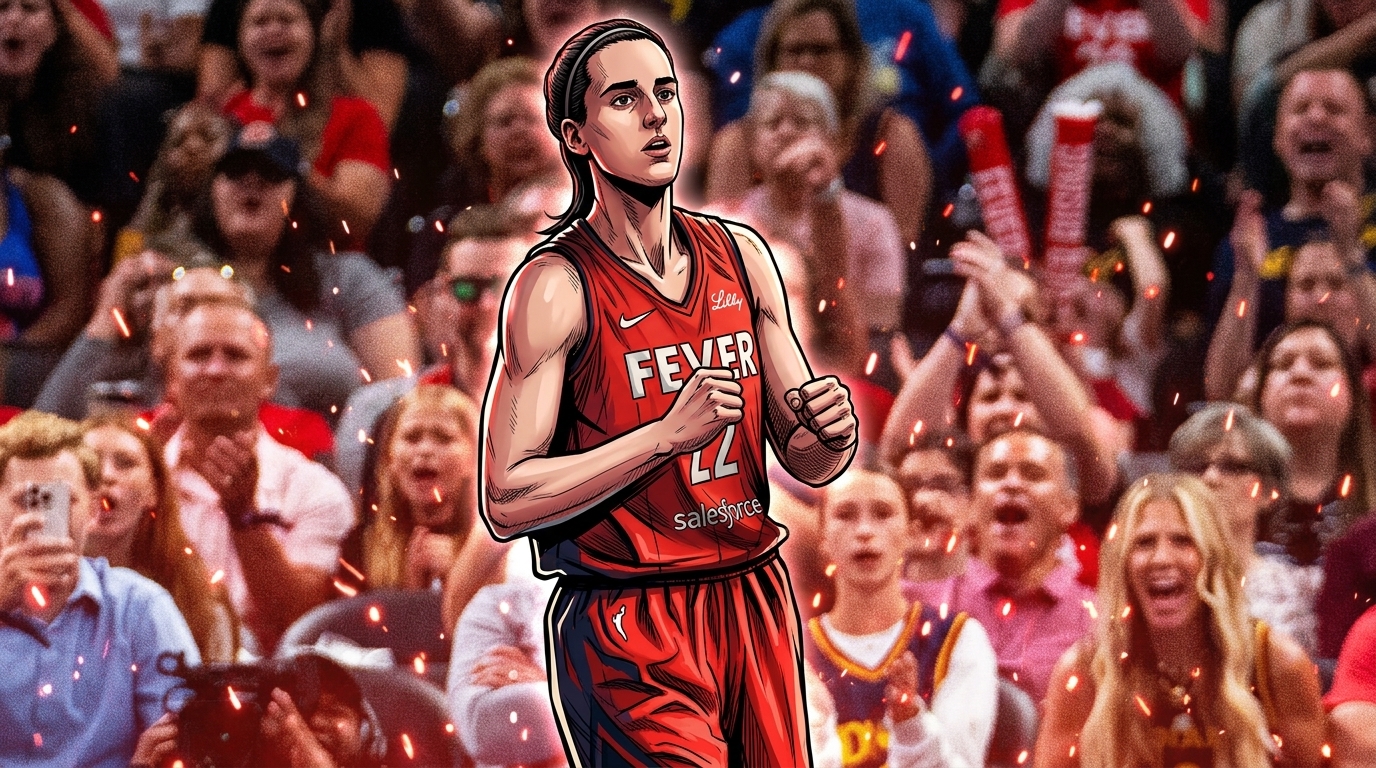 Caitlin Clark celebrating in Indiana Fever red, Marvel-comic particle-field style, Swipe Sports