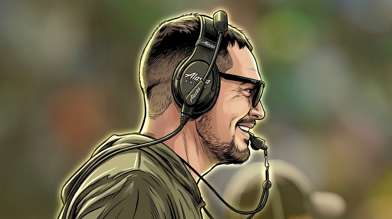 Comic-style illustration of Oregon head coach Dan Lanning in profile on the sideline, wearing sunglasses and an Alaska Airlines-branded headset over a khaki quarter-zip pullover, green neon rim glow effect against a blurred stadium crowd background