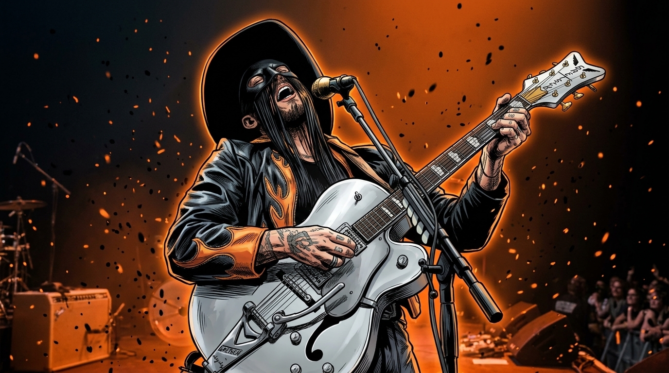 Comic-style illustration of Orville Peck performing onstage in his fringe mask and flame-appliqued black jacket, singing into a microphone stand as orange embers swirl around him against a black-and-orange stage backdrop.